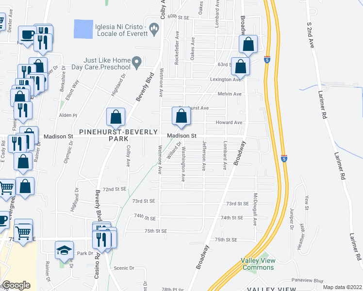 map of restaurants, bars, coffee shops, grocery stores, and more near 6814 Washington Avenue in Everett