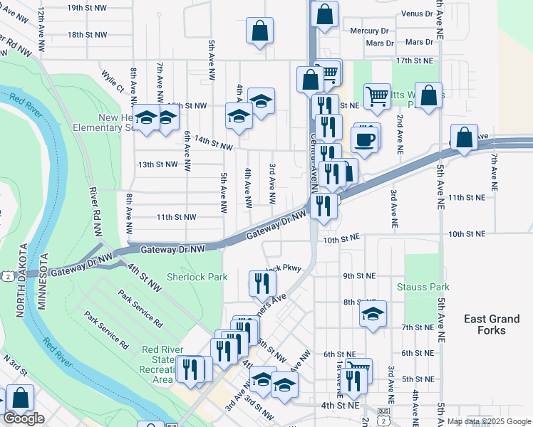 map of restaurants, bars, coffee shops, grocery stores, and more near 140 Gateway Drive Northwest in East Grand Forks