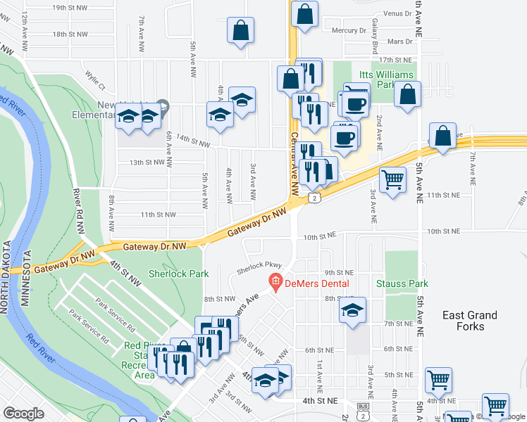 map of restaurants, bars, coffee shops, grocery stores, and more near 230 10th Street Northwest in East Grand Forks