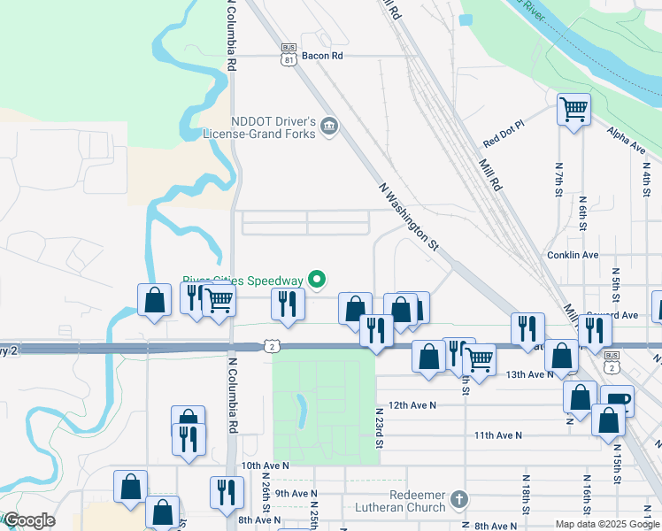 map of restaurants, bars, coffee shops, grocery stores, and more near 2300 Gateway Drive in Grand Forks