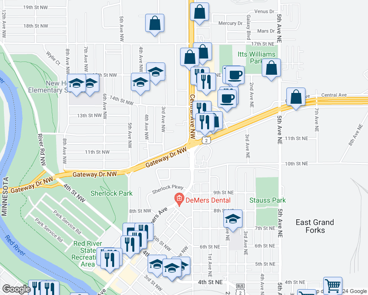 map of restaurants, bars, coffee shops, grocery stores, and more near 2 Gateway Drive Northwest in East Grand Forks