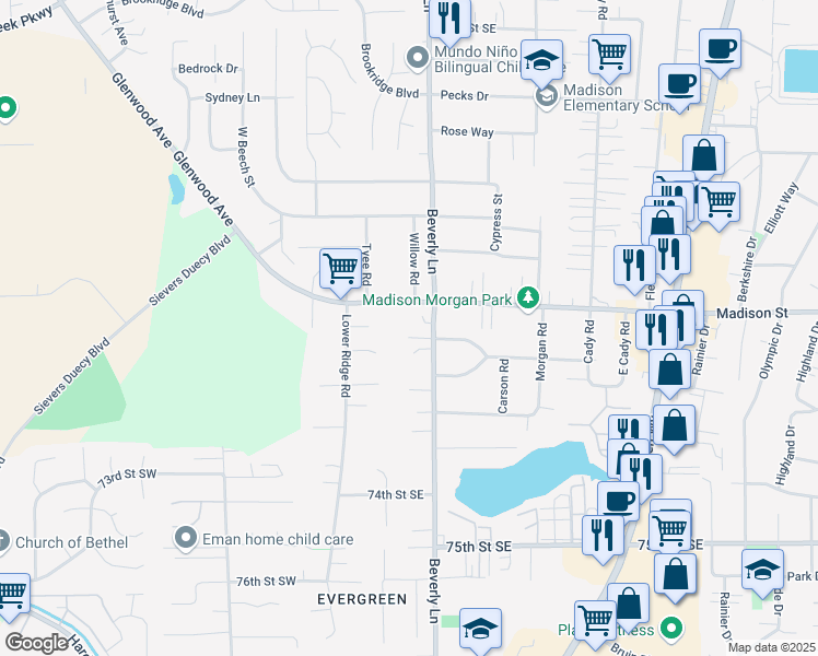 map of restaurants, bars, coffee shops, grocery stores, and more near 225 North Cabot Road in Everett
