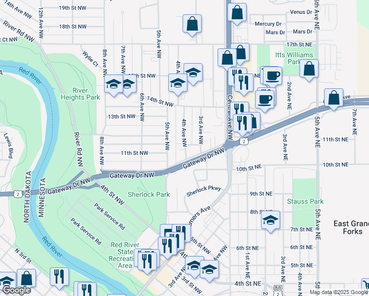 map of restaurants, bars, coffee shops, grocery stores, and more near 1023 4th Avenue Northwest in East Grand Forks