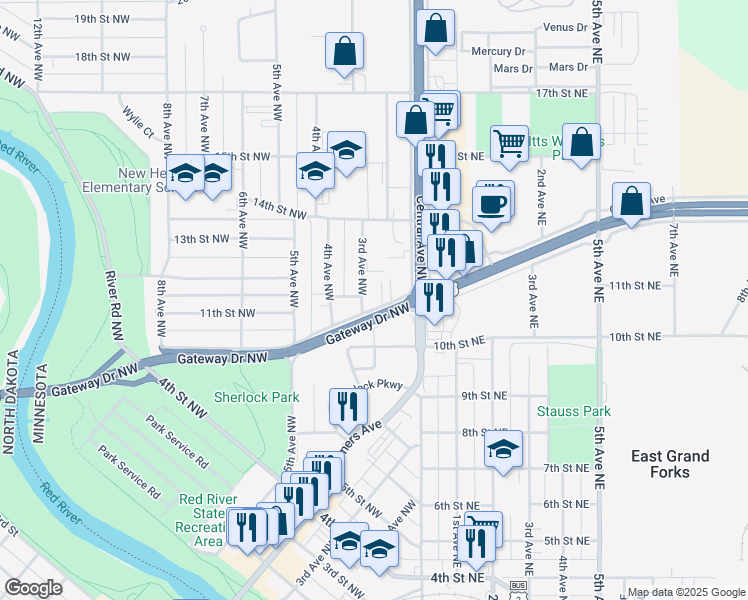 map of restaurants, bars, coffee shops, grocery stores, and more near 210 Gateway Drive Northwest in East Grand Forks