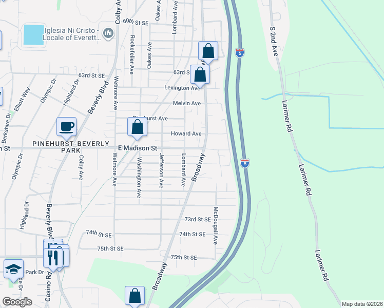 map of restaurants, bars, coffee shops, grocery stores, and more near 2315 Columbia Avenue in Everett