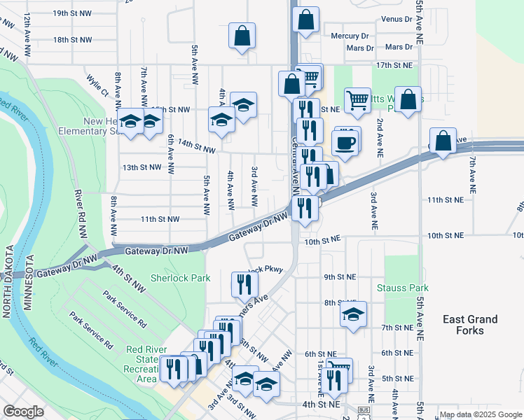 map of restaurants, bars, coffee shops, grocery stores, and more near 230 10th Street Northwest in East Grand Forks