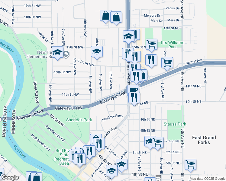map of restaurants, bars, coffee shops, grocery stores, and more near 140 Gateway Drive Northwest in East Grand Forks