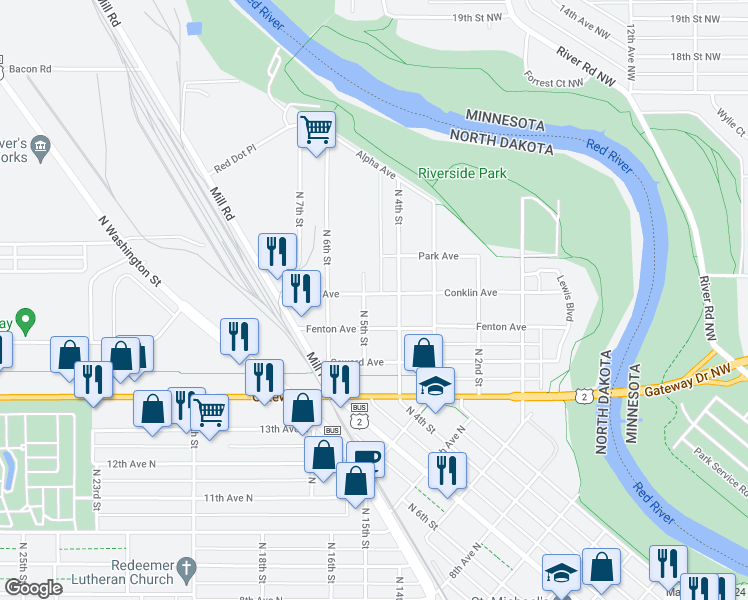 map of restaurants, bars, coffee shops, grocery stores, and more near 1615 North 4th Street in Grand Forks