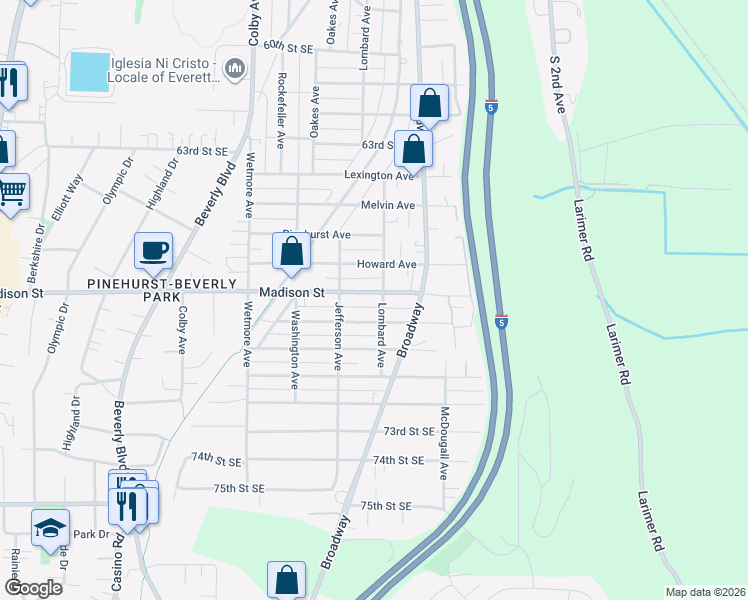 map of restaurants, bars, coffee shops, grocery stores, and more near 2217 Columbia Avenue in Everett