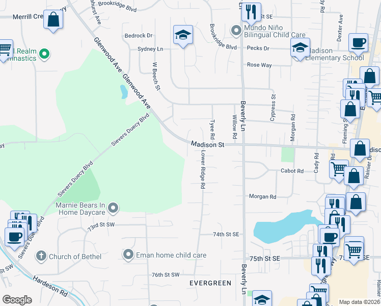 map of restaurants, bars, coffee shops, grocery stores, and more near 6918 Lower Ridge Road in Everett