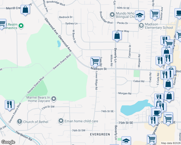 map of restaurants, bars, coffee shops, grocery stores, and more near 6918 Lower Ridge Road in Everett