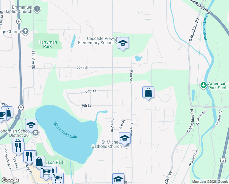 map of restaurants, bars, coffee shops, grocery stores, and more near 527 20th Street in Snohomish