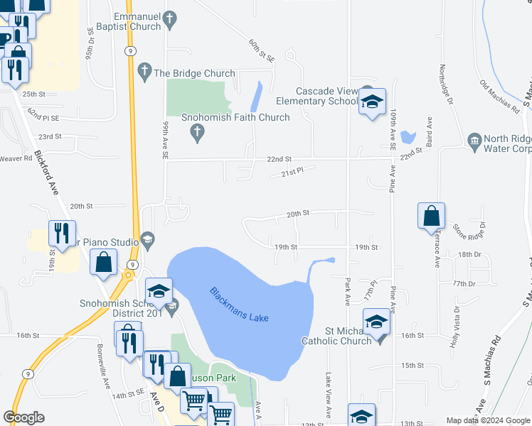 map of restaurants, bars, coffee shops, grocery stores, and more near 902 20th Street in Snohomish