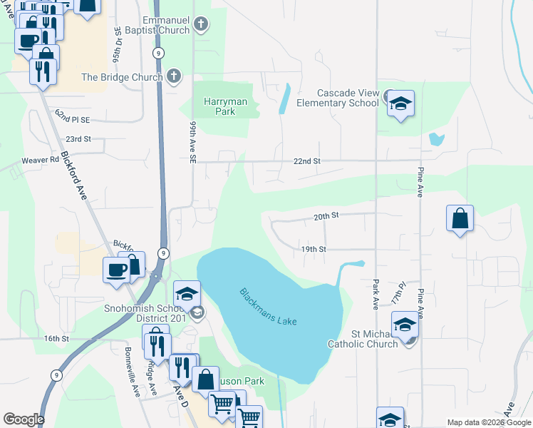 map of restaurants, bars, coffee shops, grocery stores, and more near 1104 20th Street in Snohomish