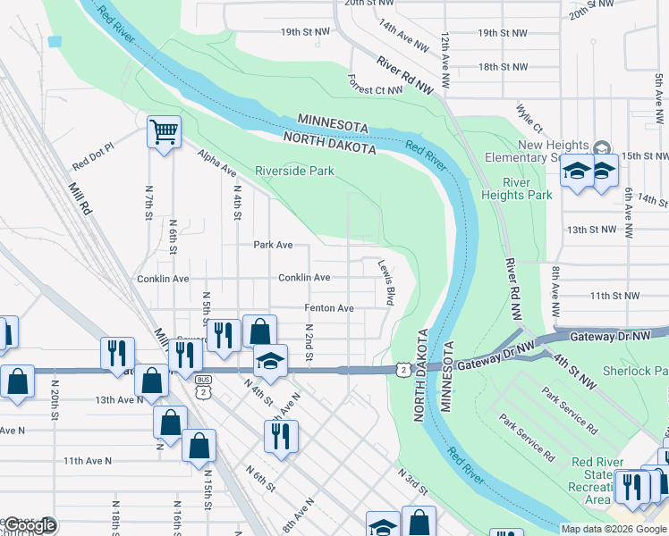 map of restaurants, bars, coffee shops, grocery stores, and more near 119 Park Avenue in Grand Forks