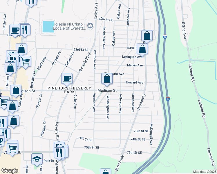 map of restaurants, bars, coffee shops, grocery stores, and more near 6701 Commercial Avenue in Everett