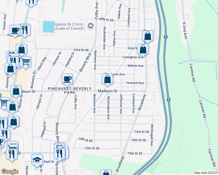 map of restaurants, bars, coffee shops, grocery stores, and more near 6701 Commercial Avenue in Everett