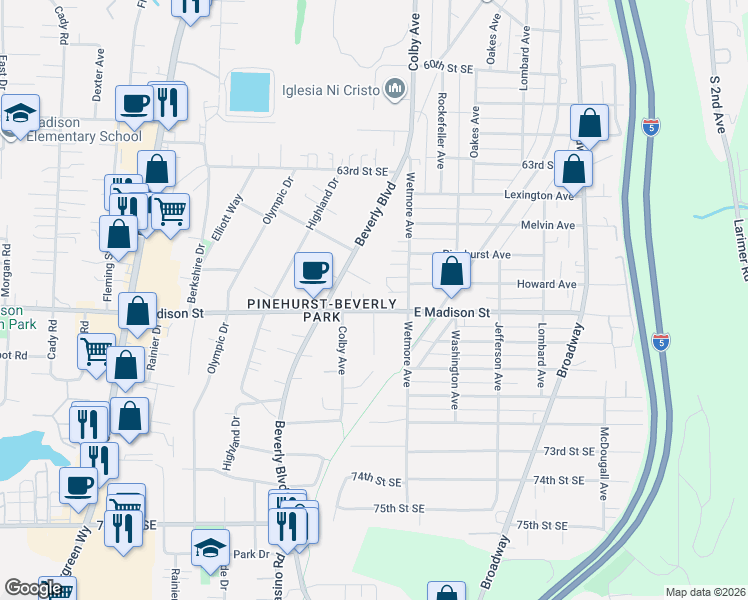 map of restaurants, bars, coffee shops, grocery stores, and more near 6712 Wetmore Avenue in Everett