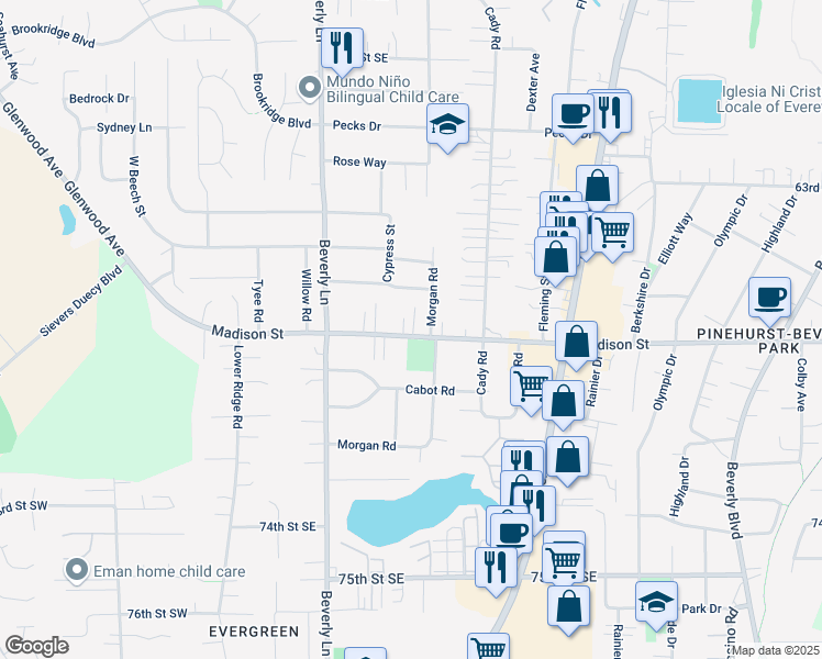 map of restaurants, bars, coffee shops, grocery stores, and more near 6716 Morgan Road in Everett