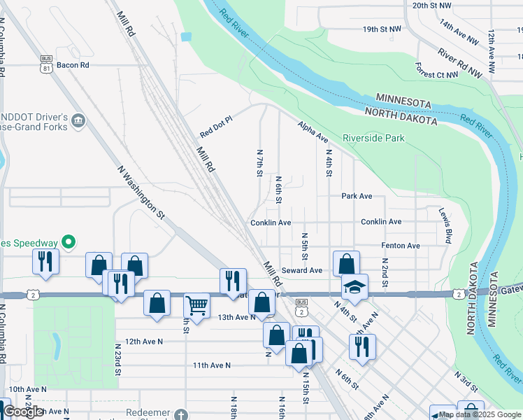 map of restaurants, bars, coffee shops, grocery stores, and more near 1808 North 6th Street in Grand Forks