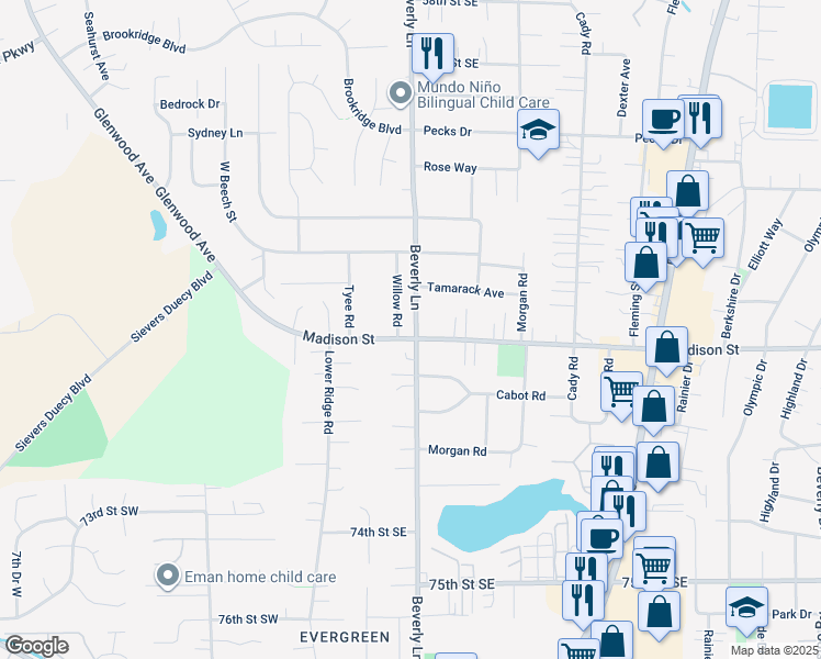 map of restaurants, bars, coffee shops, grocery stores, and more near 231 Madison Street in Everett