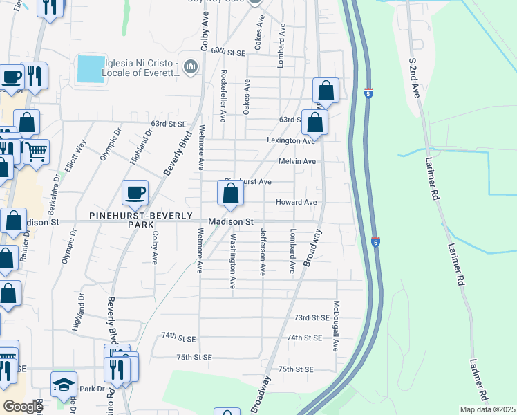 map of restaurants, bars, coffee shops, grocery stores, and more near 2130 Howard Avenue in Everett