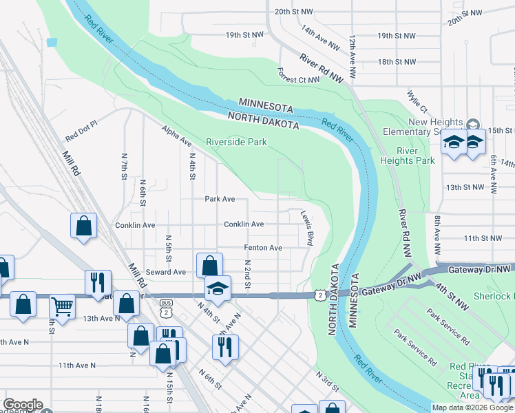 map of restaurants, bars, coffee shops, grocery stores, and more near 119 Park Avenue in Grand Forks