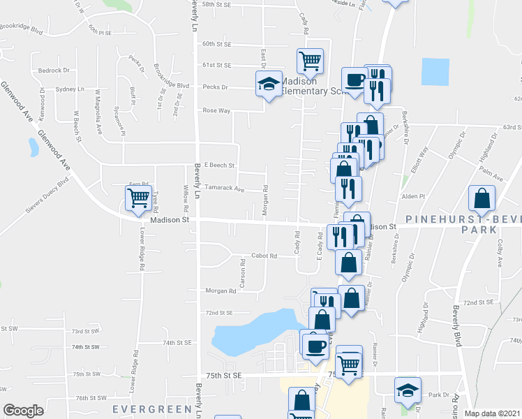map of restaurants, bars, coffee shops, grocery stores, and more near 6716 Morgan Rd in Everett