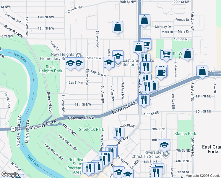 map of restaurants, bars, coffee shops, grocery stores, and more near 1213 4th Avenue Northwest in East Grand Forks