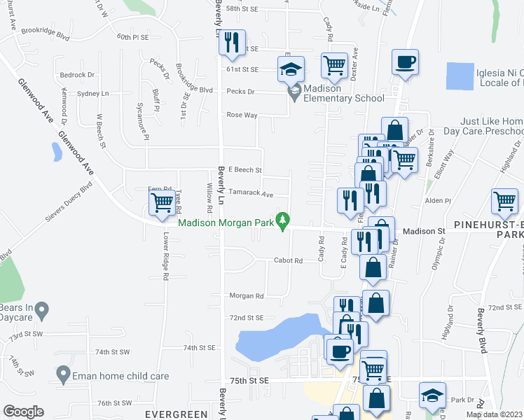 map of restaurants, bars, coffee shops, grocery stores, and more near 429 Madison Street in Everett