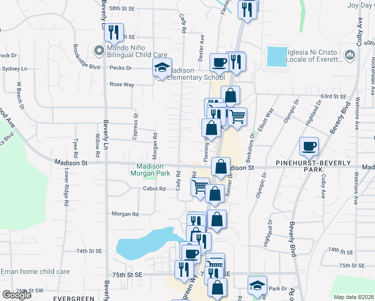 map of restaurants, bars, coffee shops, grocery stores, and more near 6707 Cady Road in Everett