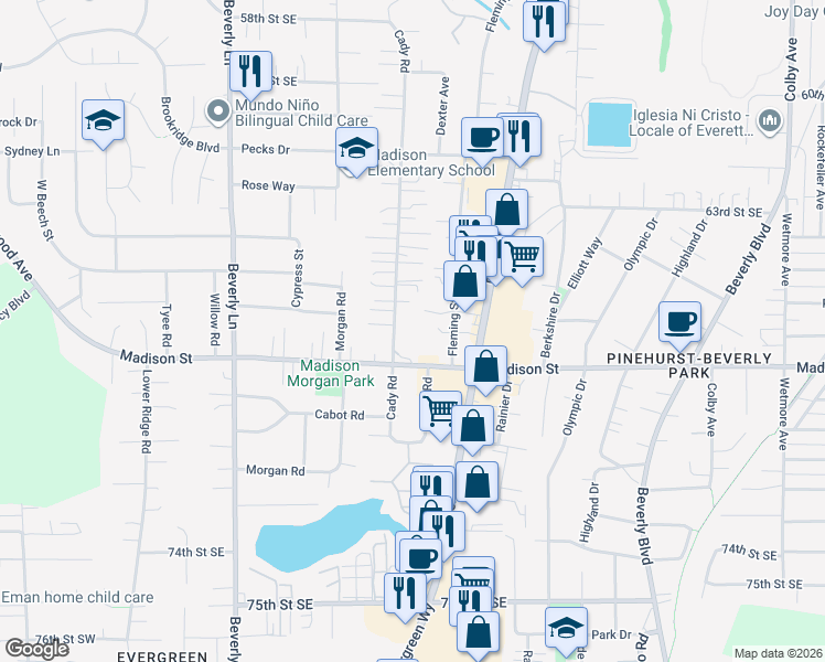 map of restaurants, bars, coffee shops, grocery stores, and more near 6707 Cady Road in Everett