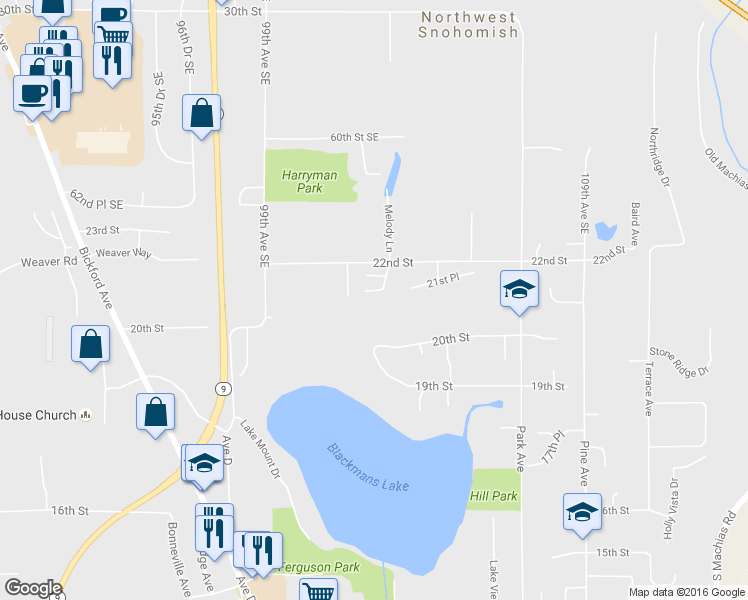 map of restaurants, bars, coffee shops, grocery stores, and more near 1017 Lake Crest Dr in Snohomish