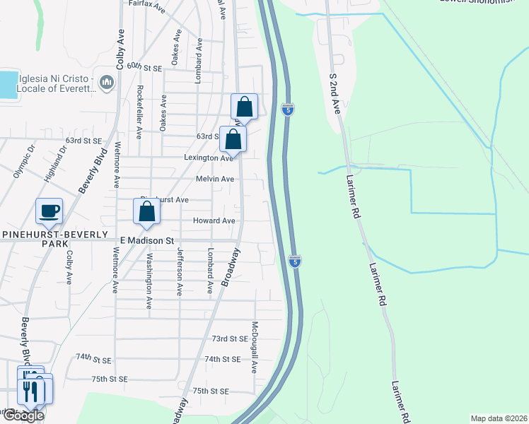 map of restaurants, bars, coffee shops, grocery stores, and more near 2527C East Madison Street in Everett