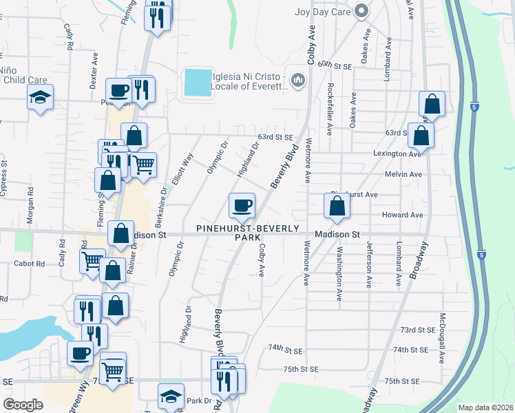 map of restaurants, bars, coffee shops, grocery stores, and more near 6629 Beverly Boulevard in Everett