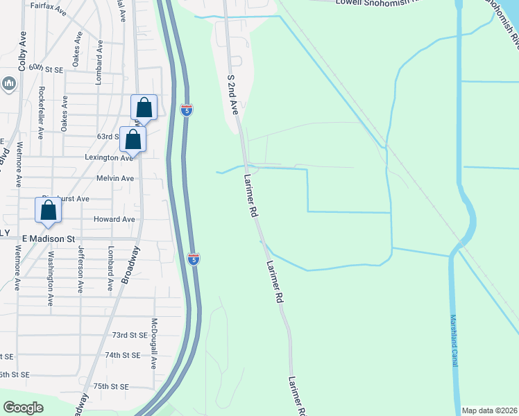 map of restaurants, bars, coffee shops, grocery stores, and more near 6710 Larimer Road in Everett