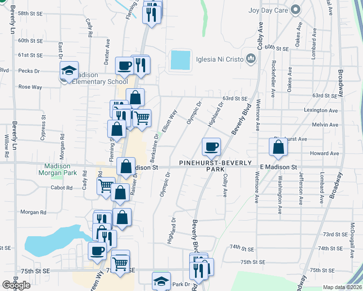 map of restaurants, bars, coffee shops, grocery stores, and more near 6709 Olympic Drive in Everett