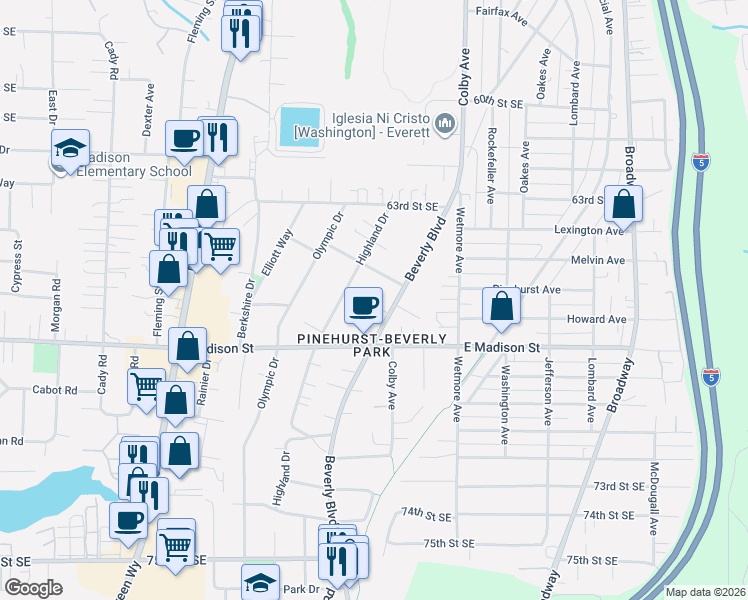map of restaurants, bars, coffee shops, grocery stores, and more near 6628 Beverly Boulevard in Everett