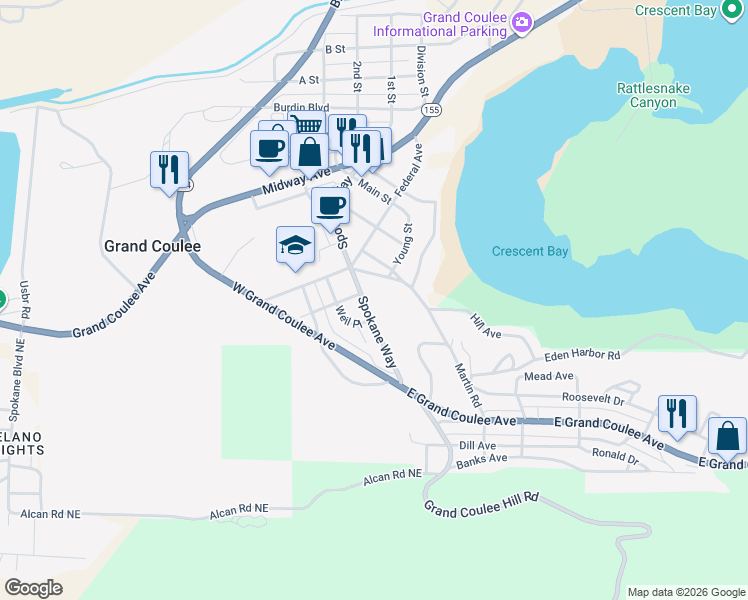 map of restaurants, bars, coffee shops, grocery stores, and more near 317 Spokane Way in Grand Coulee