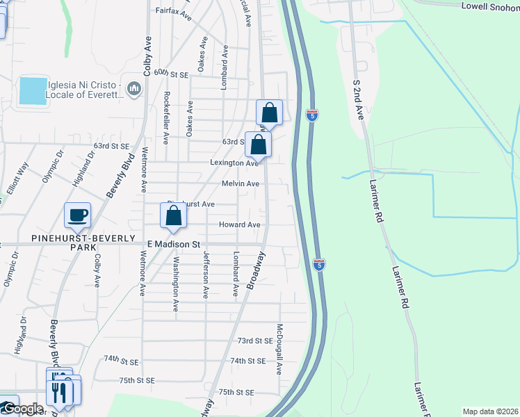 map of restaurants, bars, coffee shops, grocery stores, and more near 2330 Howard Avenue in Everett