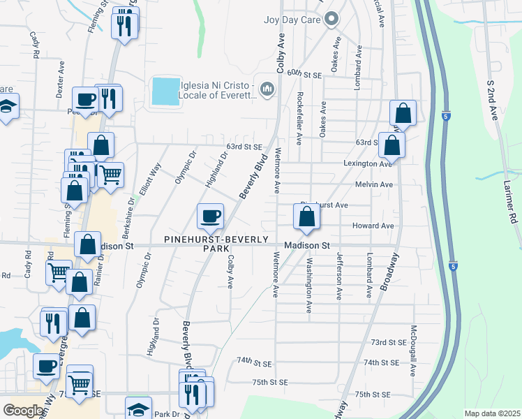 map of restaurants, bars, coffee shops, grocery stores, and more near 6604 Wetmore Avenue in Everett