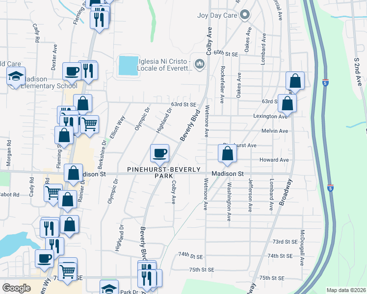 map of restaurants, bars, coffee shops, grocery stores, and more near 6528 Beverly Boulevard in Everett