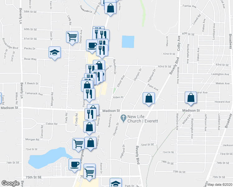 map of restaurants, bars, coffee shops, grocery stores, and more near 6518 Elliott Way in Everett