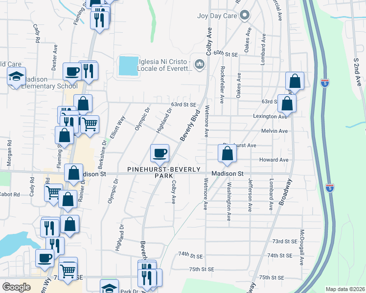 map of restaurants, bars, coffee shops, grocery stores, and more near 6528 Beverly Boulevard in Everett