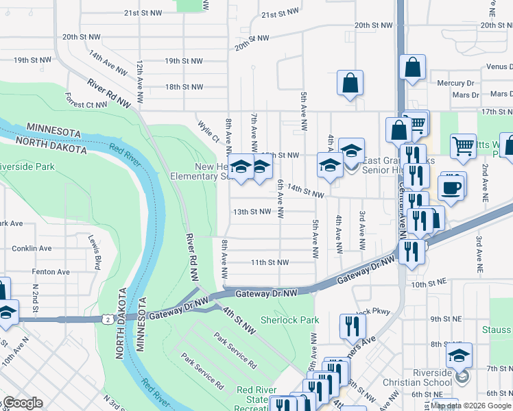 map of restaurants, bars, coffee shops, grocery stores, and more near 1427 6th Avenue Northwest in East Grand Forks