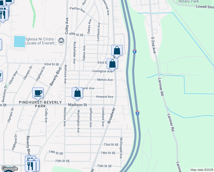 map of restaurants, bars, coffee shops, grocery stores, and more near 2326 Melvin Avenue in Everett