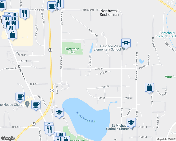 map of restaurants, bars, coffee shops, grocery stores, and more near 2112 Lake Crest Drive in Snohomish