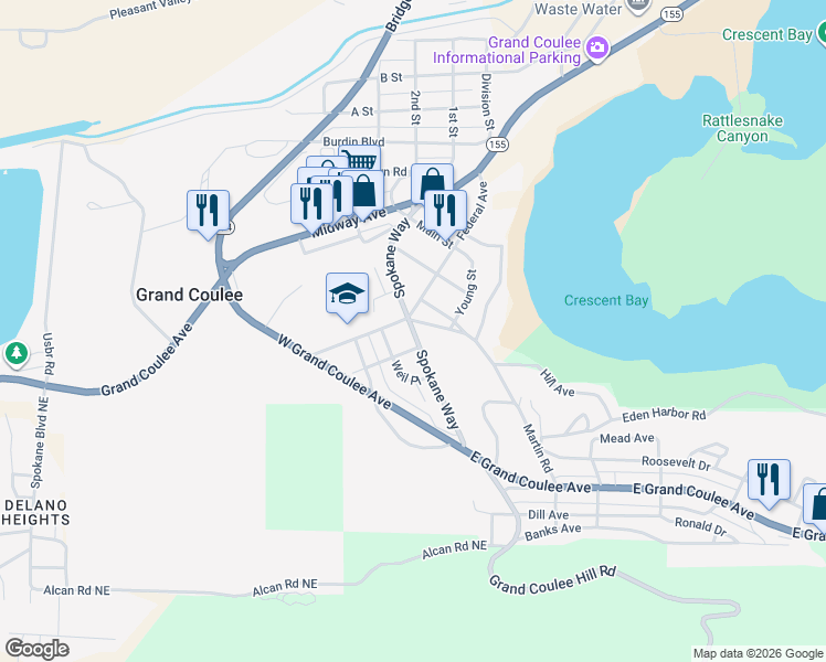 map of restaurants, bars, coffee shops, grocery stores, and more near 317 Spokane Way in Grand Coulee