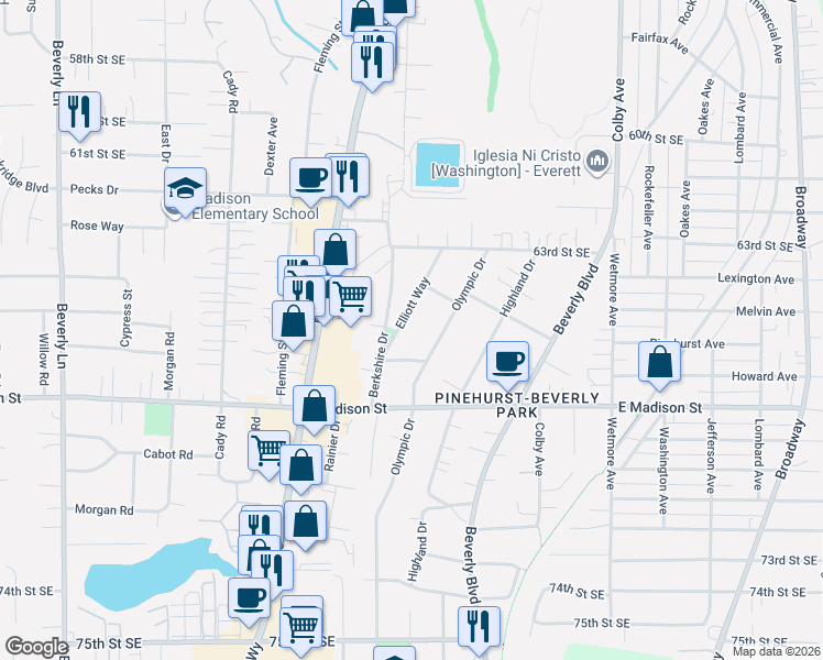 map of restaurants, bars, coffee shops, grocery stores, and more near 6517 Elliott Way in Everett