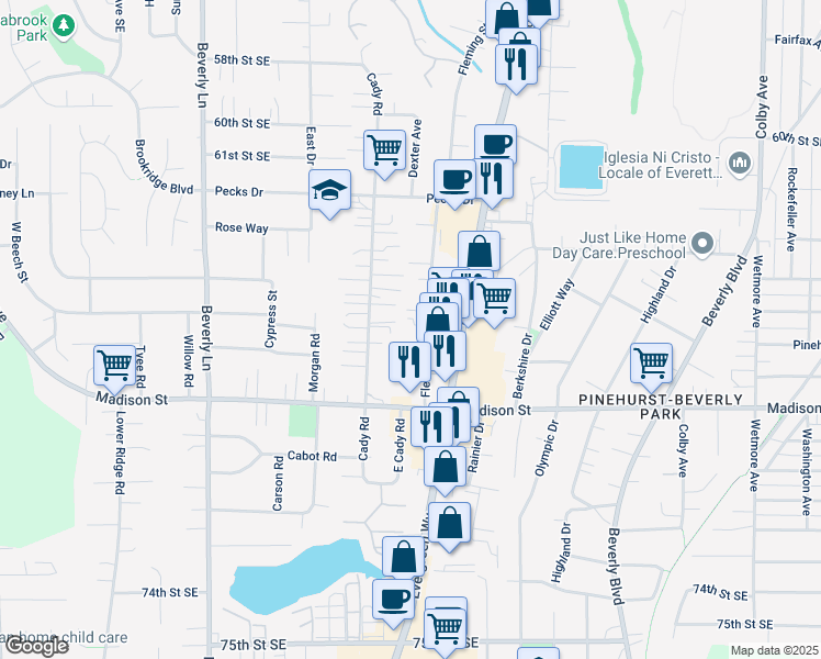 map of restaurants, bars, coffee shops, grocery stores, and more near 6508 Fleming Street in Everett